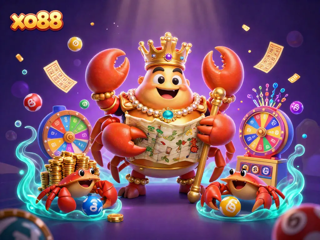 Experience excitement with xo88's golden crab emperor and vibrant lottery elements!