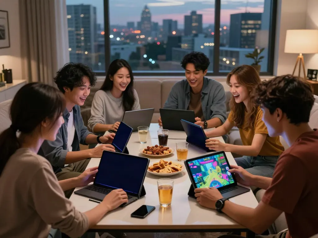 Sunwin online gaming group enjoying a cozy game night with tablets and snacks.