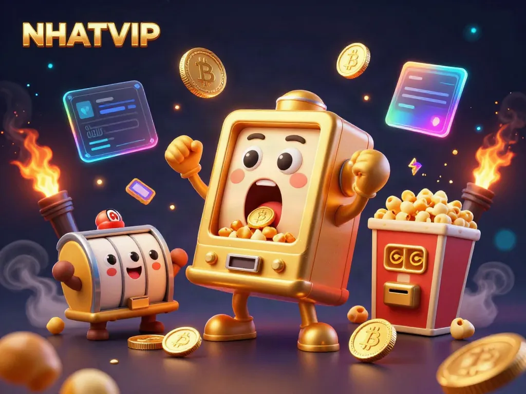 Experience the excitement of NHATVIP with a golden slot machine hitting a jackpot, surrounded by cheering machines and crypto elements.