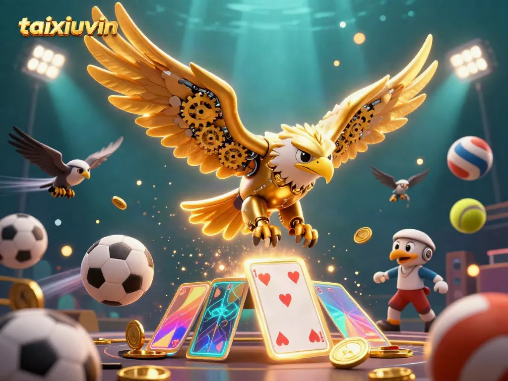 Experience thrilling gameplay with taixiuvin in this 3D illustration featuring a golden eagle amidst sports elements.