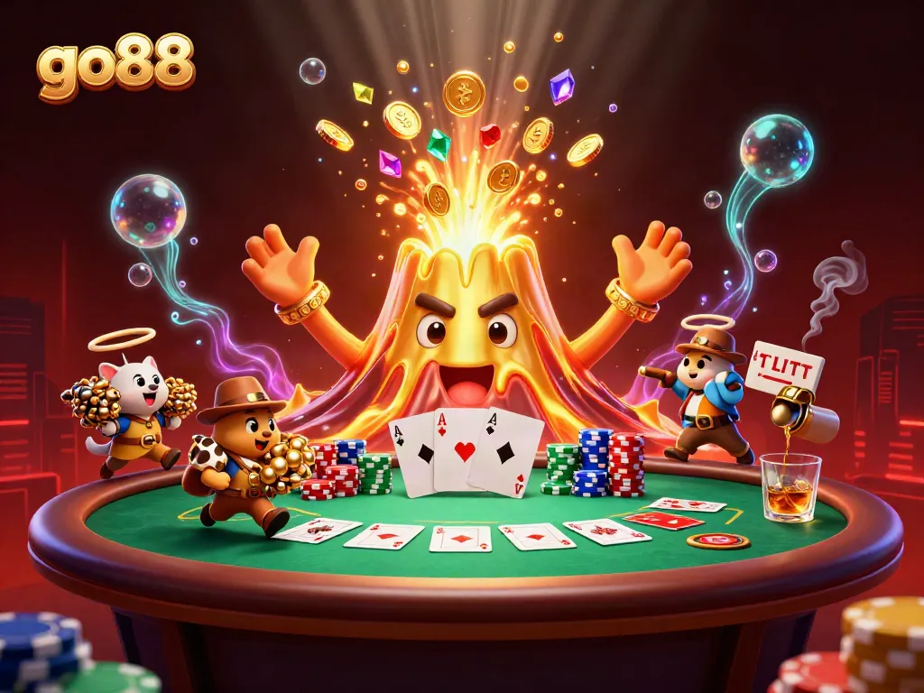 Experience exciting gaming moments with go88 featuring treasure-filled volcano and poker scene.
