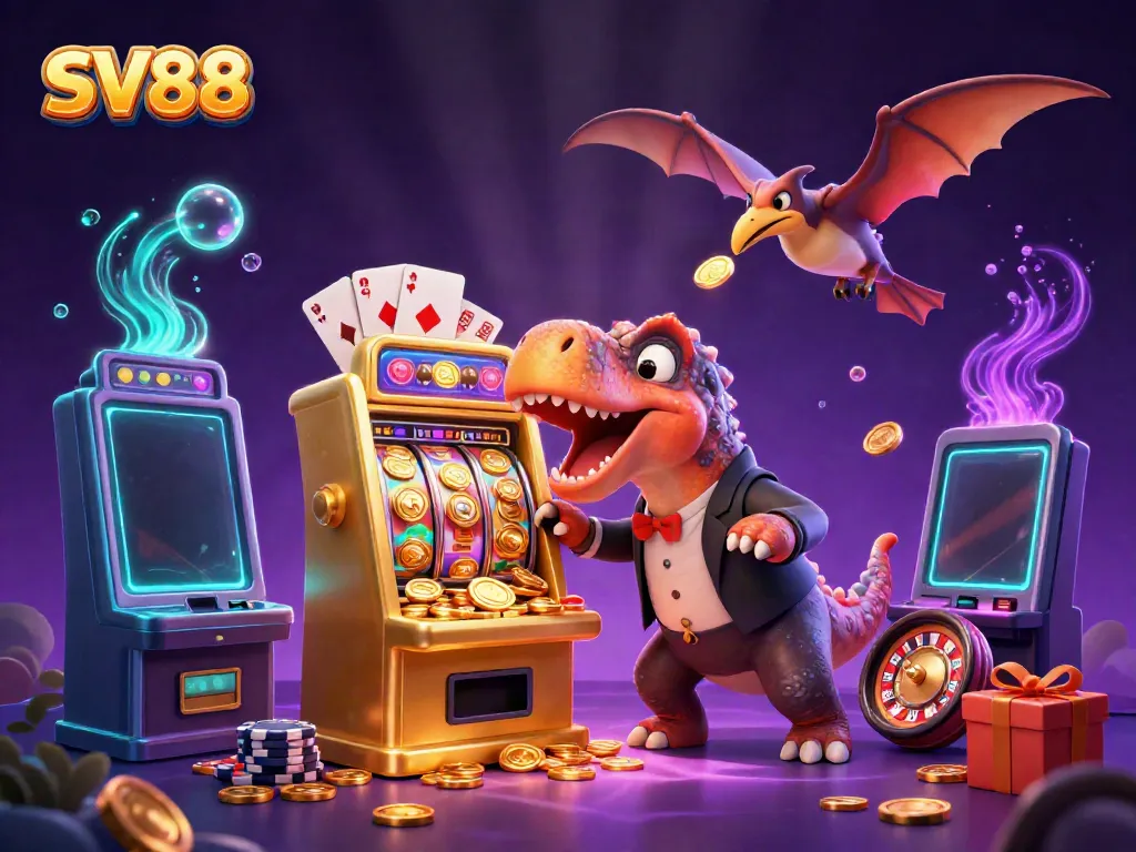 Experience the excitement of SV88 with a playful dinosaur-themed casino scene featuring jackpot wins.