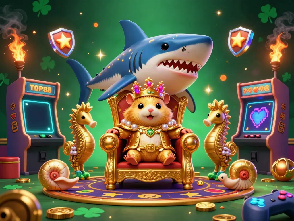 Engage in thrilling gaming experiences at TOP88 featuring a lavish scene with a fierce hamster king and casino-themed elements.