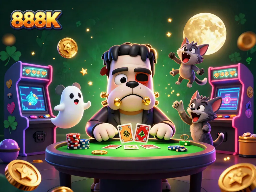Experience the excitement of 888K with vibrant characters and casino elements in a stunning 3D illustration.