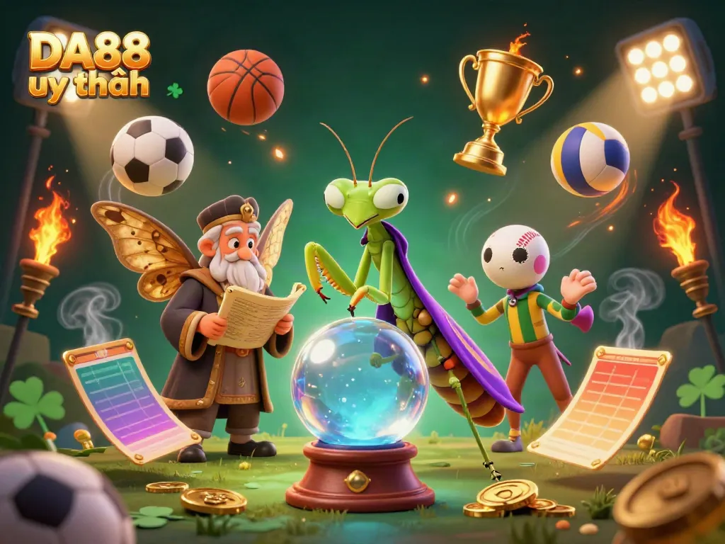 Experience the magic of DA88 uy tín with a mystical scene featuring fortune tellers and sports elements.