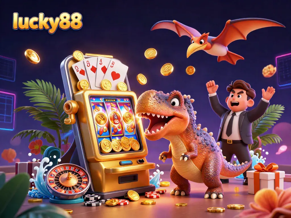 Catch exciting wins at lucky88 with a dinosaur themed casino scene showing jackpots, coins, and fun game elements.