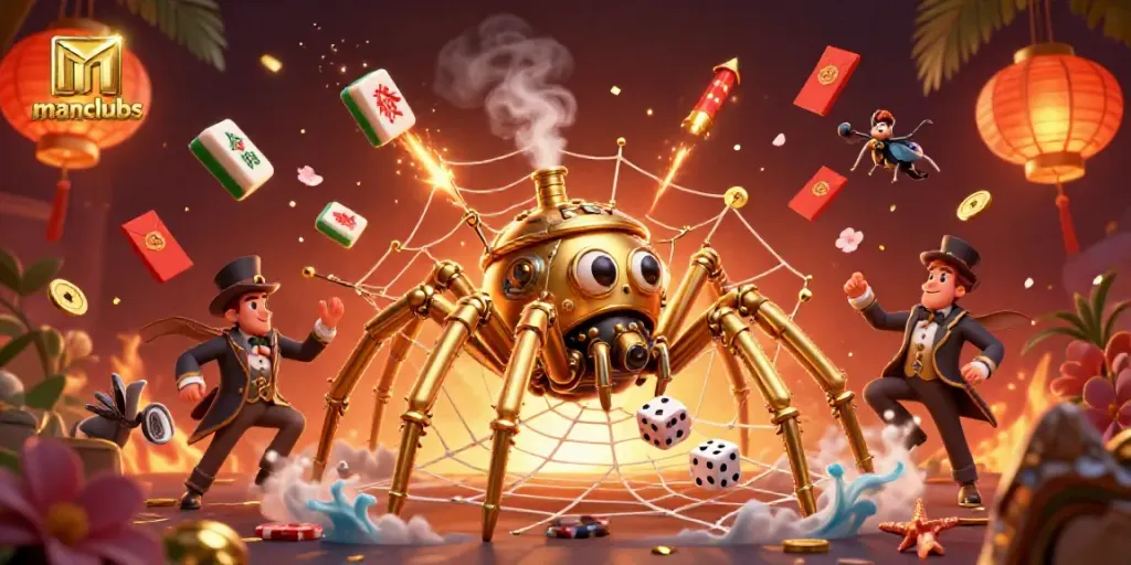 Engage with manclubs through an intricate steampunk casino-themed scene featuring a golden spider and unique game elements.