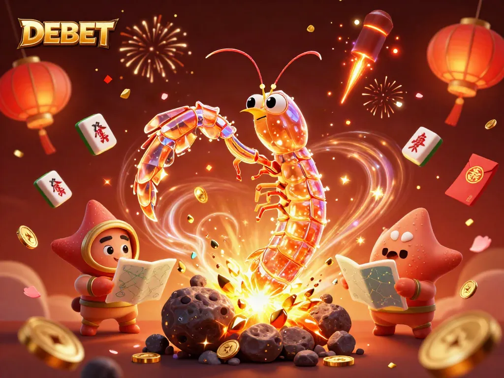 Experience the excitement of DEBET with a vibrant 3D scene of fantastical characters amid sparkling casino elements.