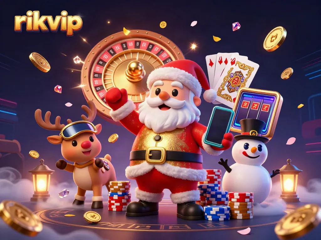 Experience the vibrant world of rikvip as Santa celebrates jackpots with festive characters amidst cascading coins.
