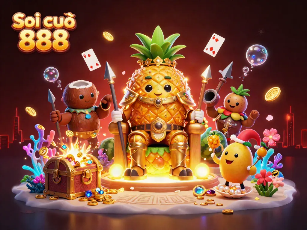 Engage with the Soi cầu 888 adventure featuring the golden pineapple king and whimsical beach casino characters.