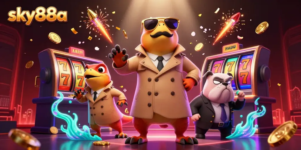 Experience excitement at sky88a with raptors sneaking into a casino amidst slot reels and fireworks.