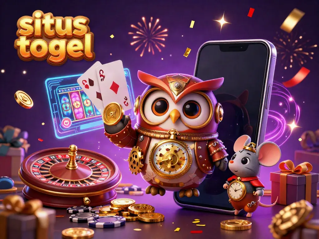 Engage with situs togel in a vibrant casino scene featuring an owl and mouse amidst interactive game elements.