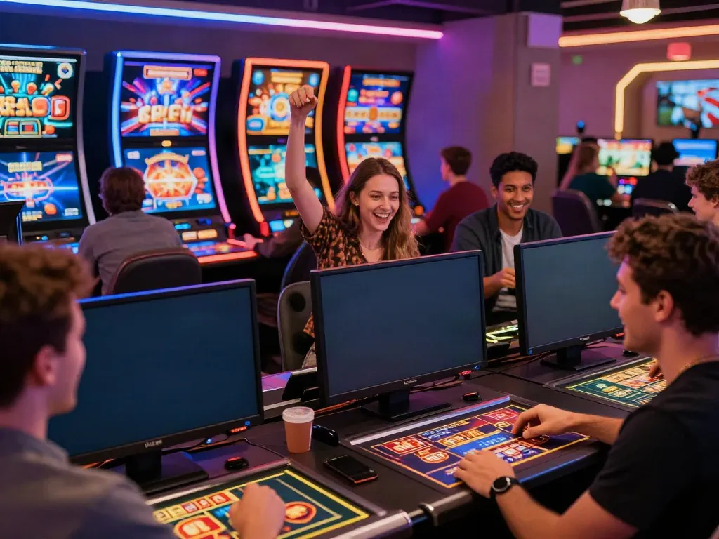 Friends enjoying mantul88 online gaming together in a lively atmosphere.