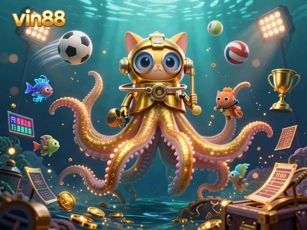 Experience the thrilling world of vin88 with a giant kraken and a diving cat underwater.