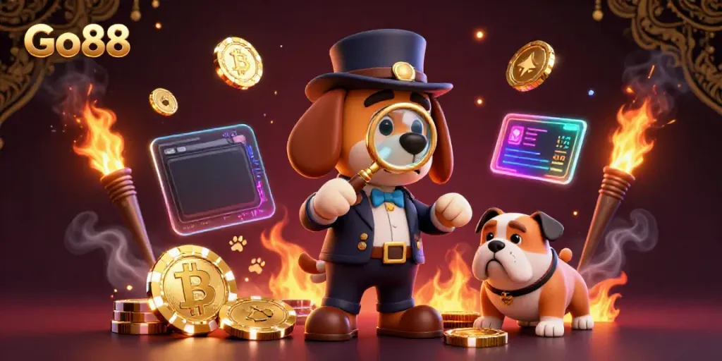 Engage with Go88's thrilling casino adventure as a detective unveils poker chip clues amidst vibrant crypto elements.