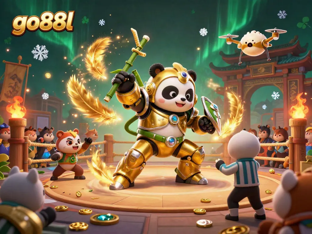 Experience thrilling action in the vibrant arena with go88l, where golden pandas battle amidst cheering spectators.