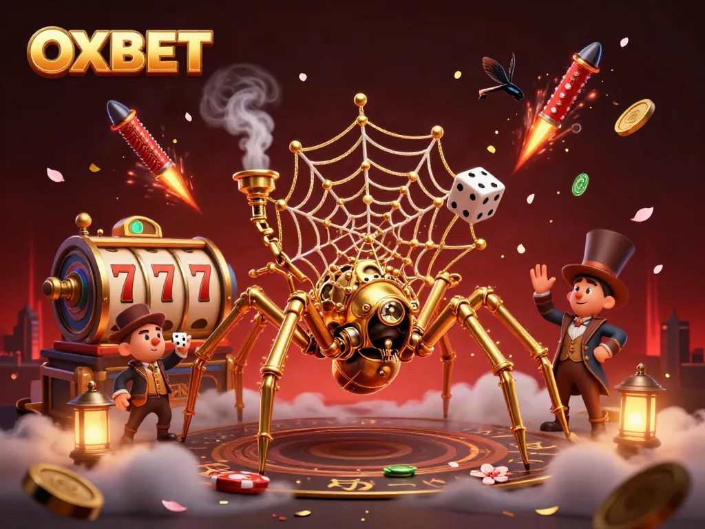 Experience exciting wins with OXBET's dynamic steampunk casino scene featuring slot reels and festive decor.