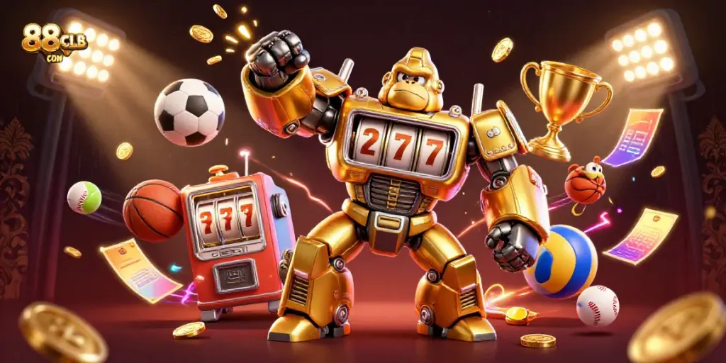 Engage in gameplay with the vibrant 3D scene showcasing 88CLB COM and dynamic casino elements.