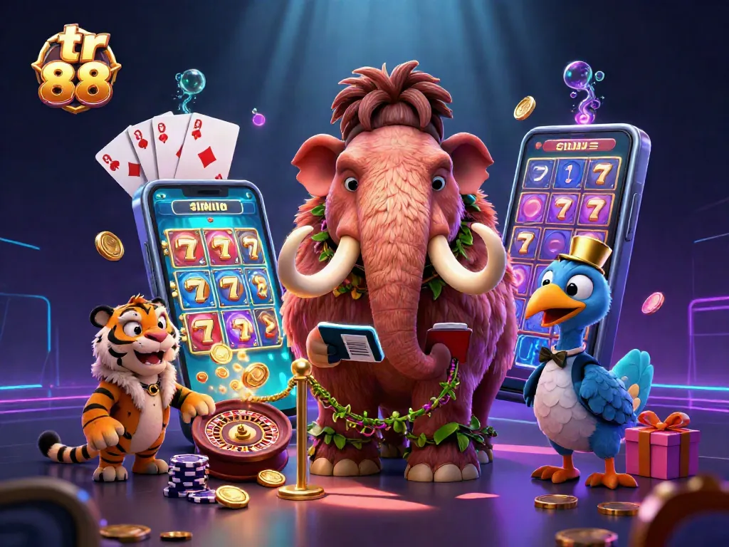 Experience tr 88 excitement with a vibrant casino scene featuring 3D characters and games.