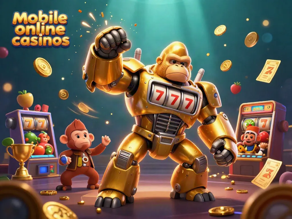 Experience thrilling action in mobile online casinos with a golden gorilla mech and dynamic gaming elements.