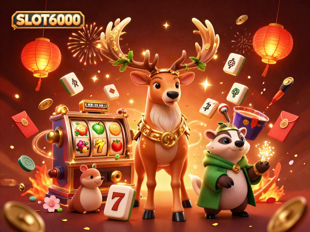 Spin the SLOT6000 reels with vibrant symbols and festive spirits in an engaging casino scene.