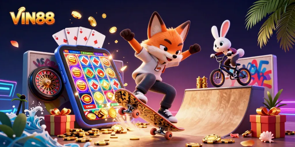 VIN88 gaming adventure with a skateboarder fox and BMX rabbit performing tricks over golden poker chips.