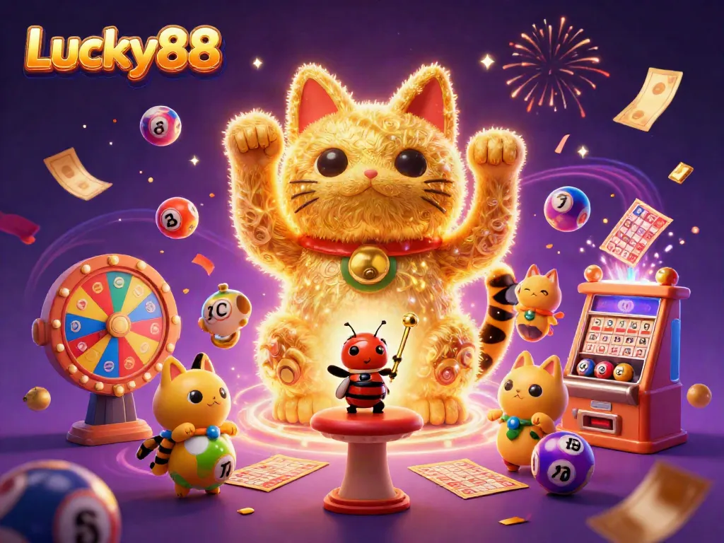 Experience excitement with Lucky88's vibrant 3D illustration of a lucky cat surrounded by dynamic lottery elements and casino symbols.