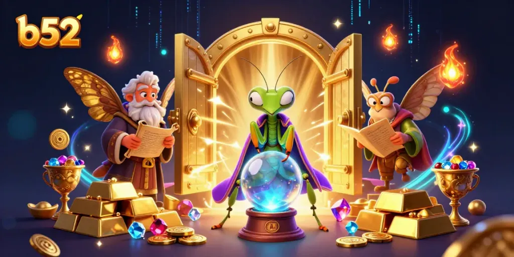 Experience B52's thrilling adventures with a 3D cartoon praying mantis fortune teller gazing into a shimmering crystal ball.