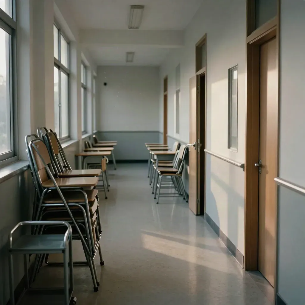 Pusty szkolny korytarz po nocnych zmianach, z wózkiem, krzesłami i otwartymi klasami.