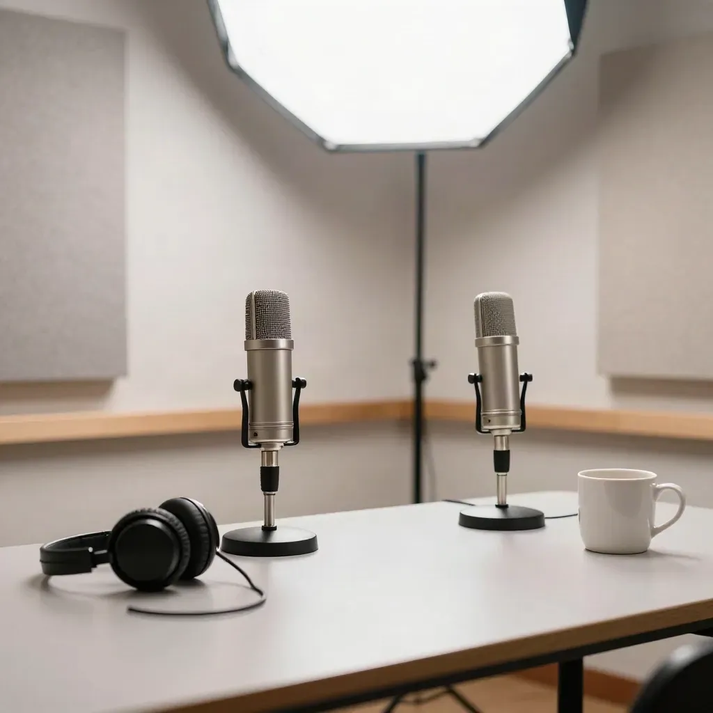 Kącik studia podcastowego z mikrofonami, słuchawkami i kubkiem na jasnym stole.