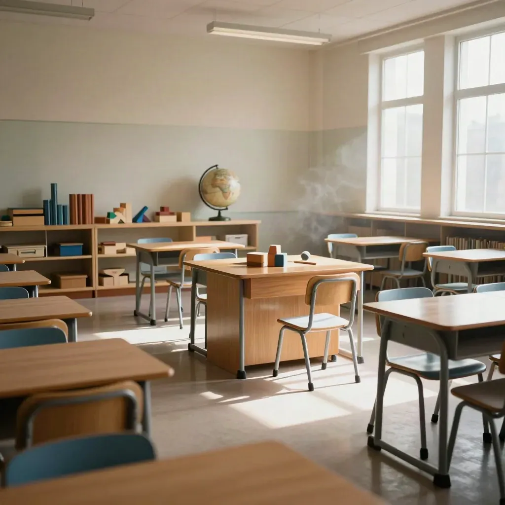Pusta klasa z grupami ławek, globusem i drewnianymi pomocami w ciepłym świetle popołudnia
