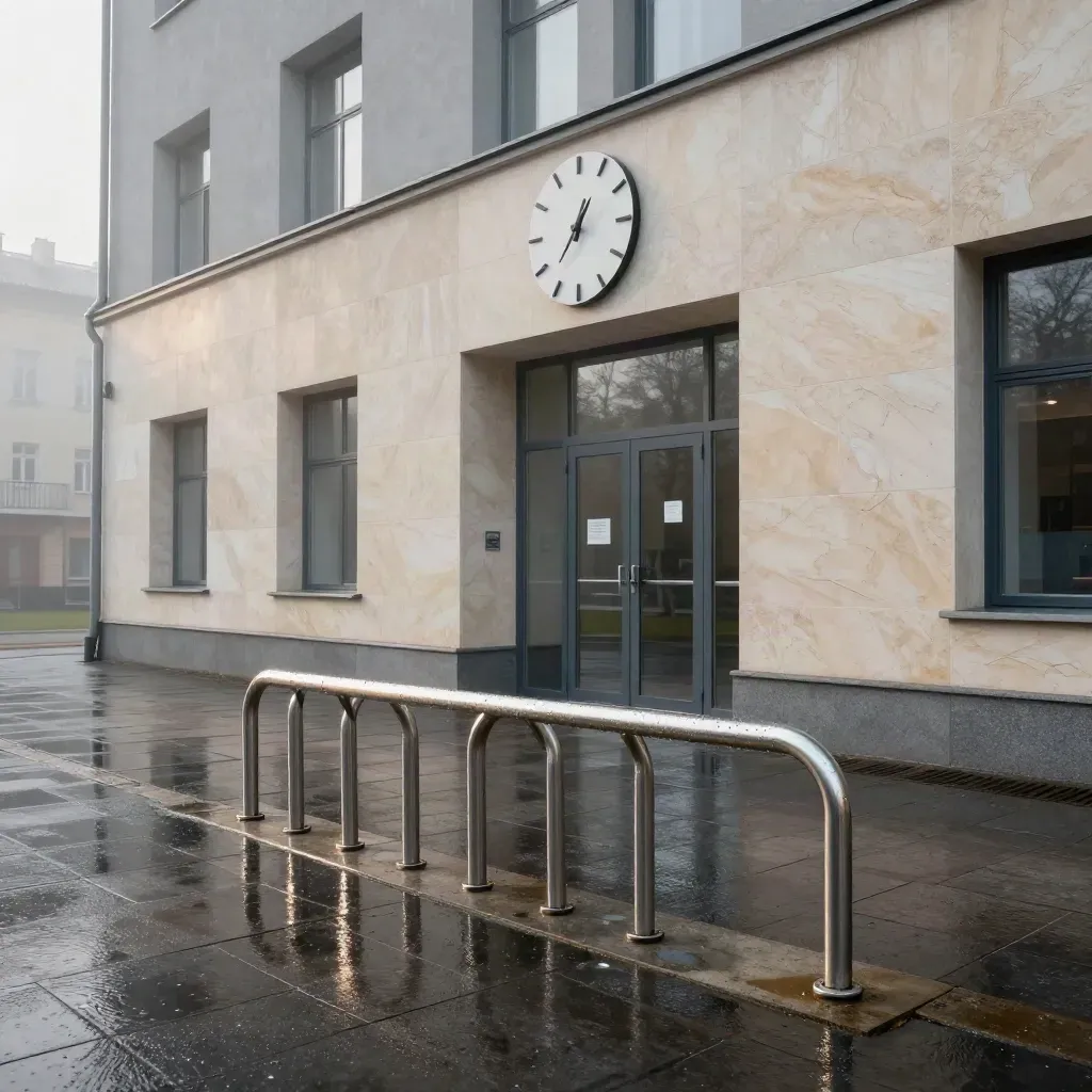 Szkolne wejście po deszczu z mokrym brukiem, stojakiem na rowery i zegarem ściennym.