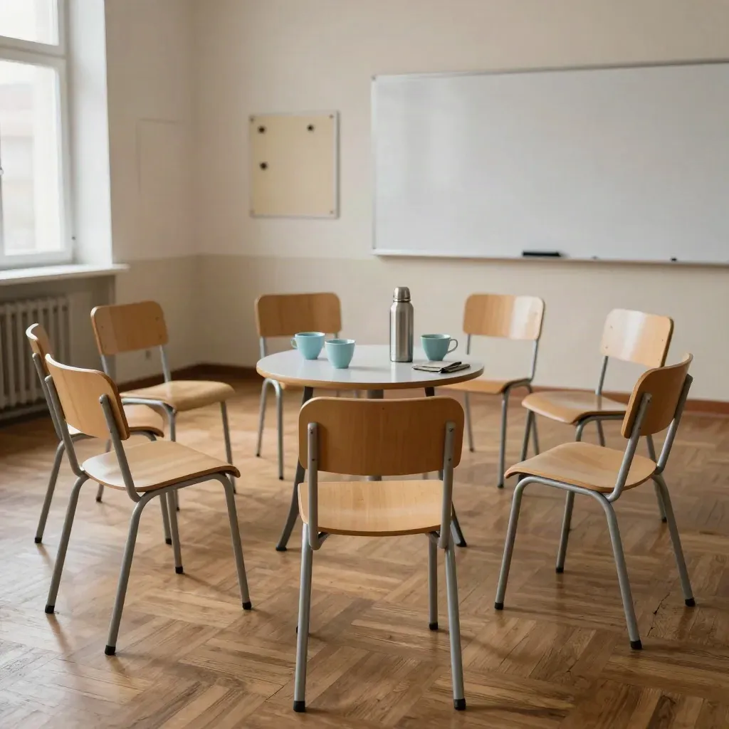 Pusta klasa z krzesłami w kręgu, stołem z kubkami i rozmytą tablicą, gotowa na spotkanie.