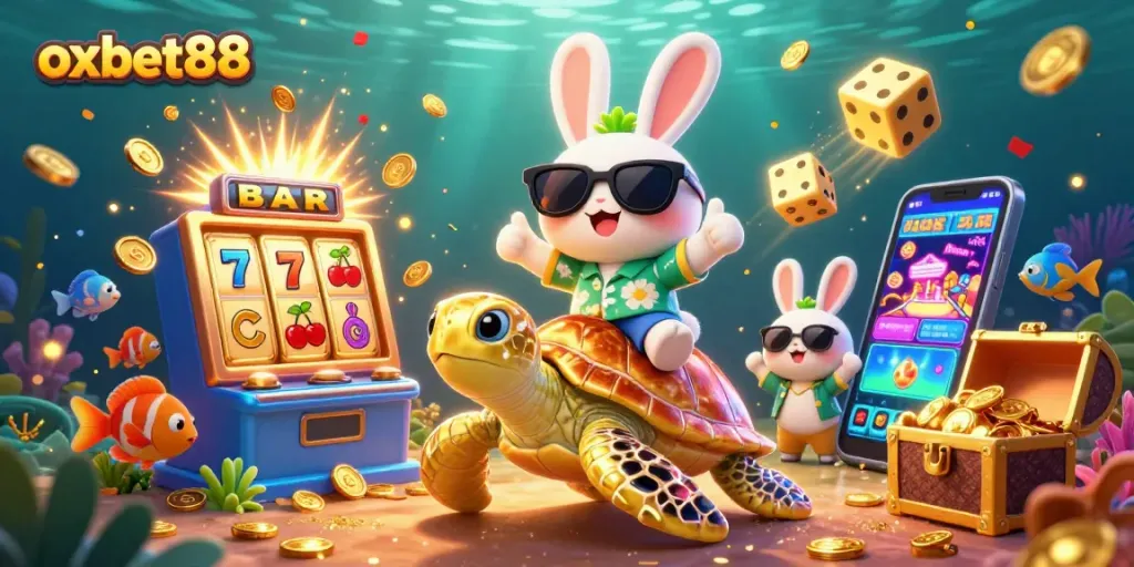 Experience exciting games at oxbet88, where a lucky rabbit and golden turtle explore vibrant casino thrills underwater.