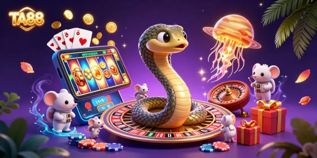 Engage with TA88's vibrant casino universe featuring cosmic characters and exciting gambling elements.
