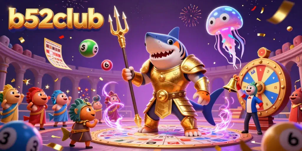 Experience the thrill of b52club gaming with dynamic underwater characters and vibrant lottery elements.