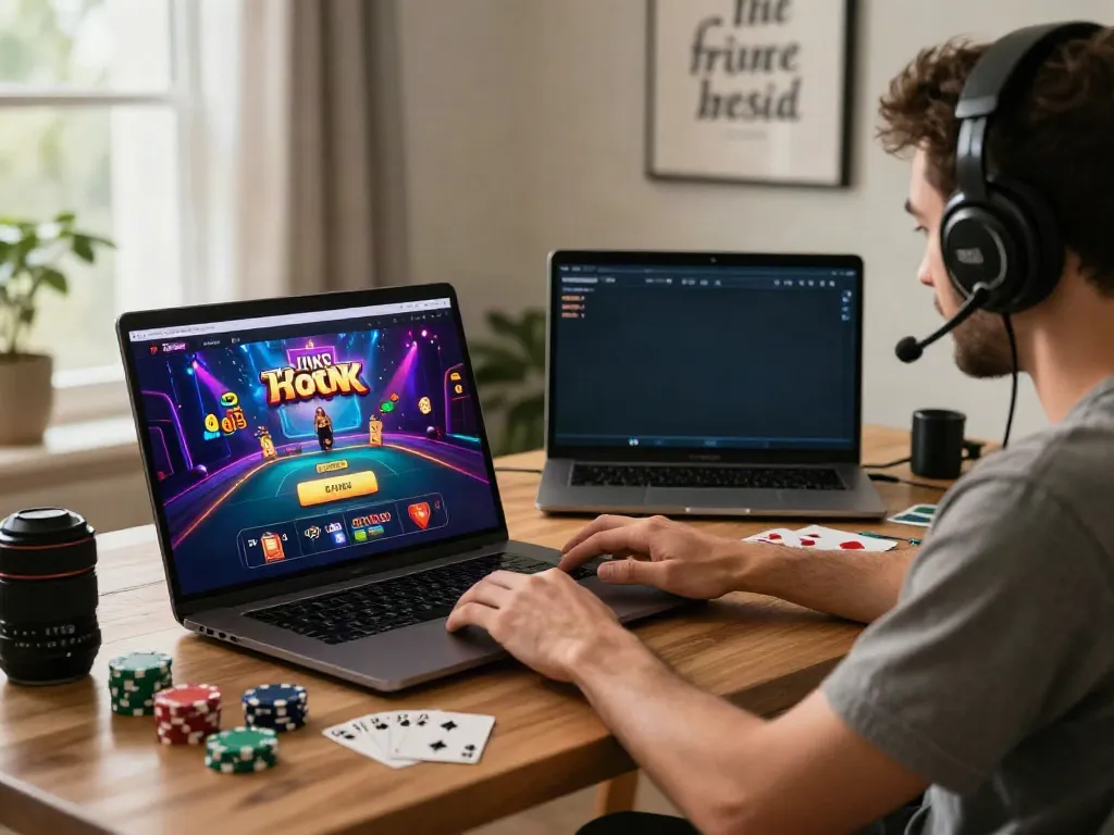 Player engaging with five88 online games at a stylish home desk.