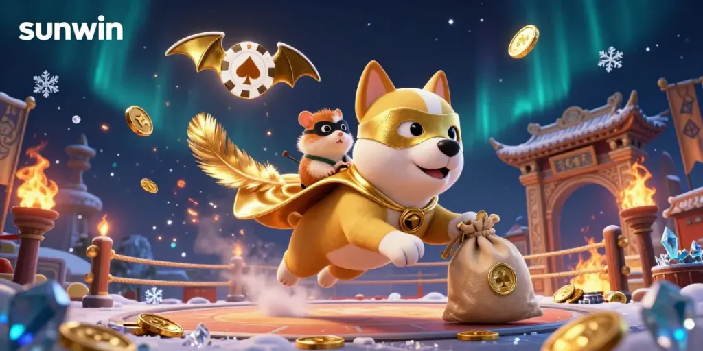 Experience thrilling games at Sunwin, featuring a cartoon superhero dog and hamster amidst gold coins and casino elements.