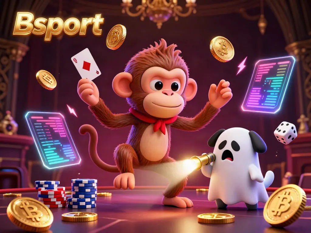 Experience the thrill at Bsport with a playful ghostly monkey juggling golden casino treasures in a haunted setting.