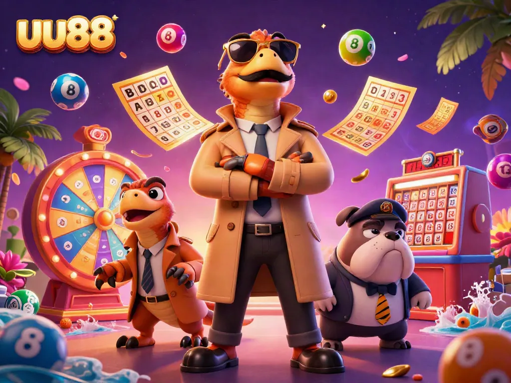 uu88 raptors in trench coat humorously attempting VIP access at casino, colorful lottery elements surrounding