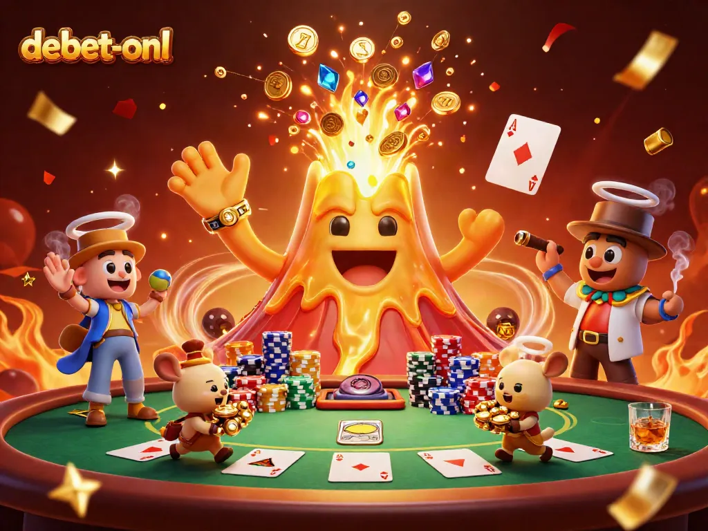 Experience thrilling action at debet-onl as a golden volcano erupts treasure in an exciting casino scene.