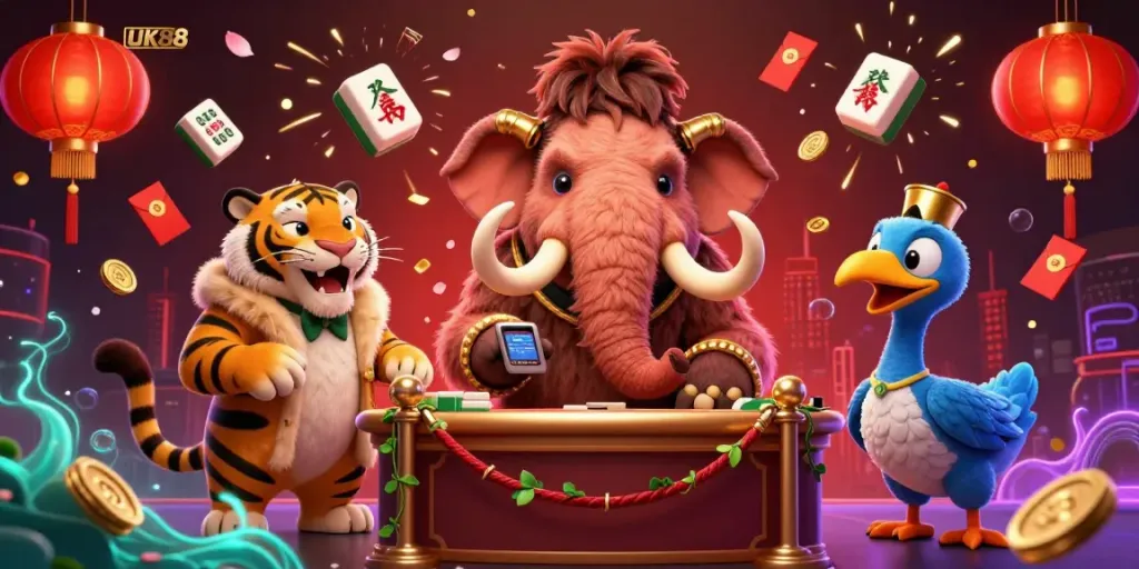 Vibrant 3D cartoon scene showcasing UK88's character at a casino entrance, inviting players with festive gambling elements.