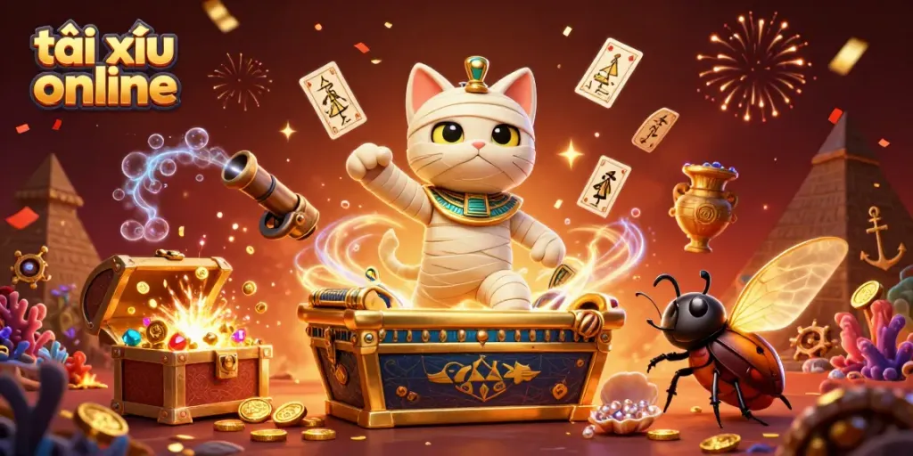 Experience the thrill of tài xỉu online gameplay with a vibrant 3D illustration featuring a mummy cat and glowing effects.