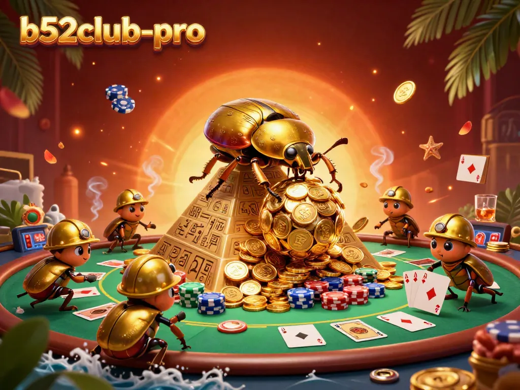Engage in thrilling casino action with b52club-pro, featuring vibrant golden beetles and poker elements.