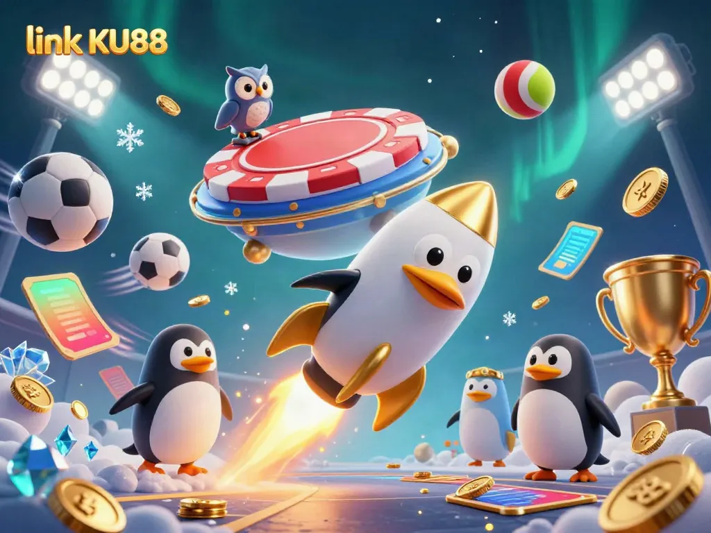 Bet on the thrill of games with link KU88 while a golden penguin rockets through a cosmic casino scene.