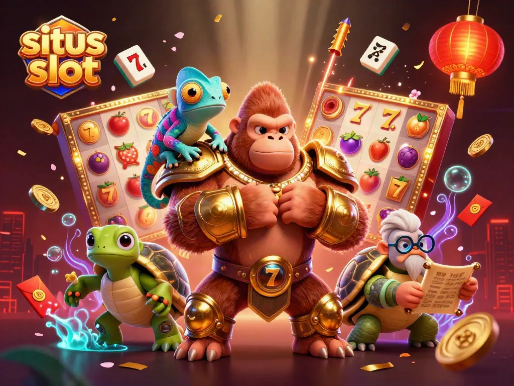 Ilustrasi kasino 3D menunjukkan situs slot dengan karakter gorila kekuatan, bunglon, dan kura-kura.