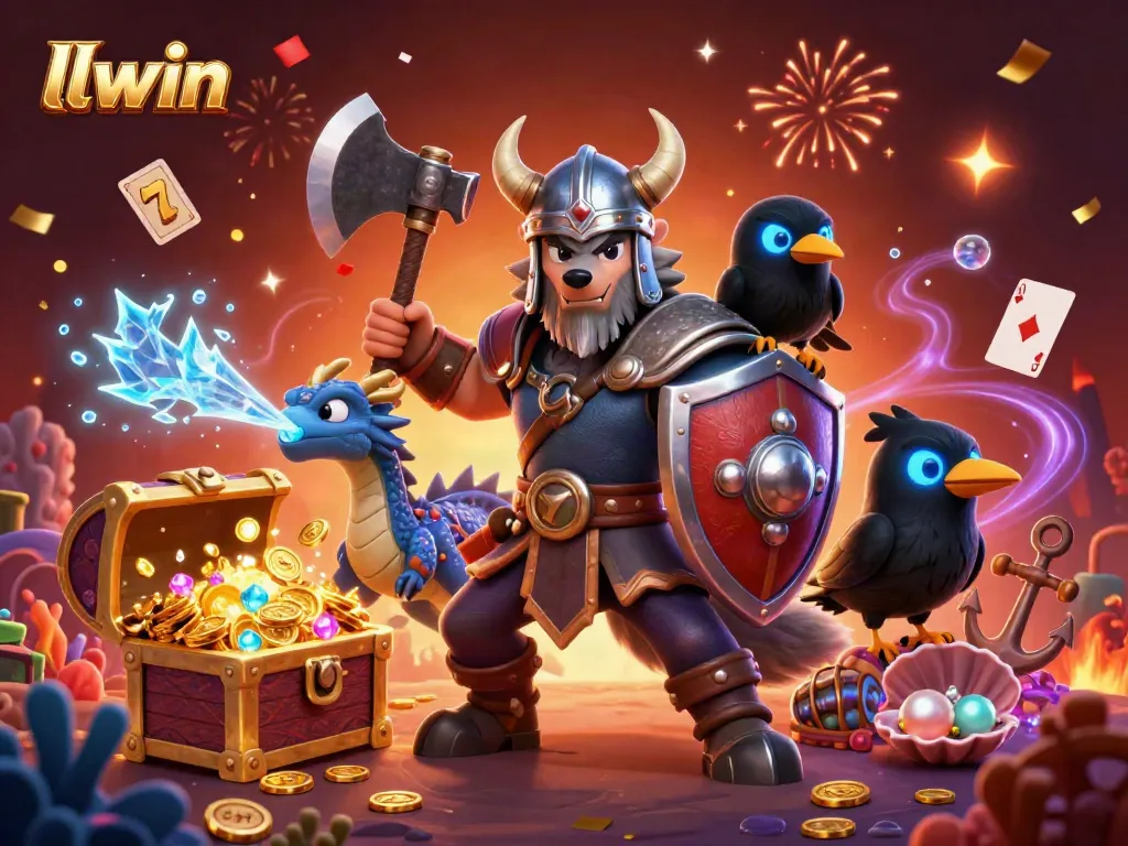 Experience thrilling wins with llwin in this vibrant 3D casino illustration featuring a heroic Viking warrior and magical creatures.