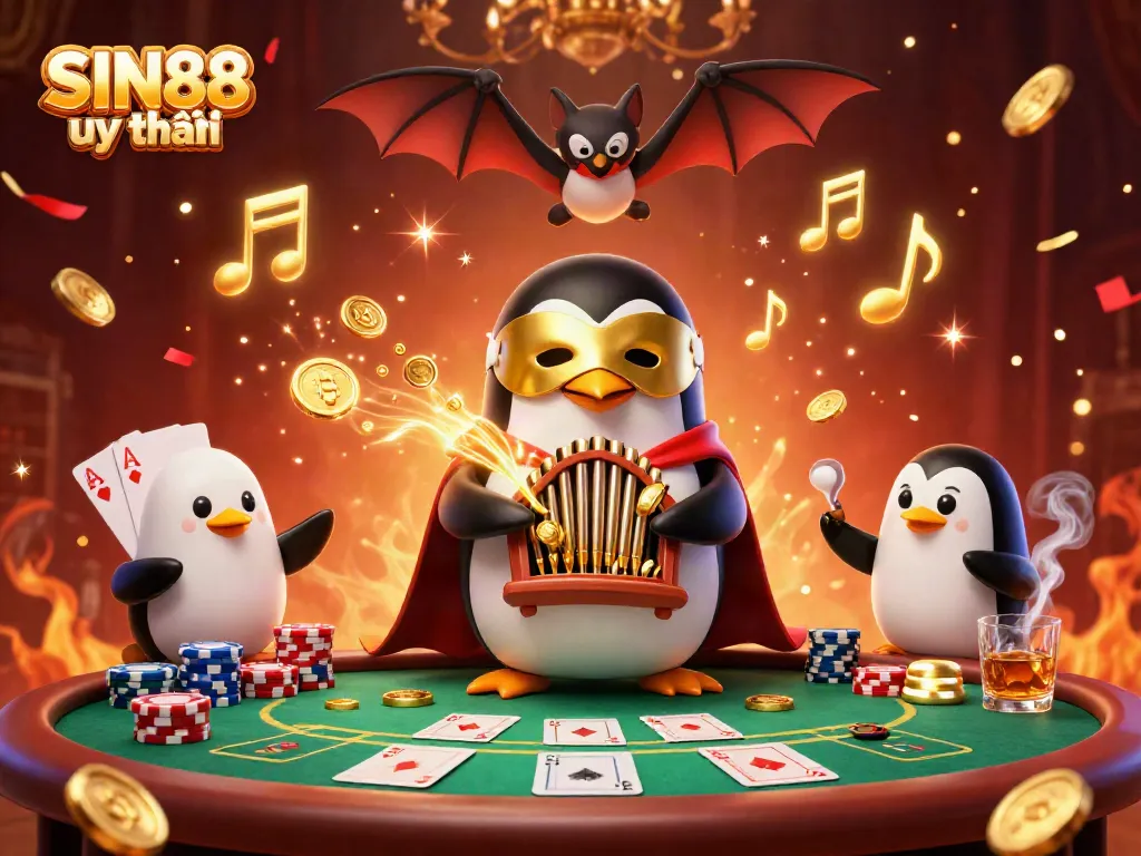 Experience the excitement of SIN88 uy tín with a vibrant casino scene featuring a penguin organist and poker elements.