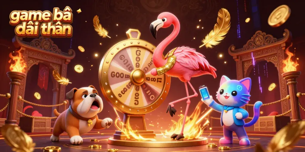 Engaging scene of game bài đổi thưởng with a flamingo host, bulldog contestant, and prizes, filled with excitement.