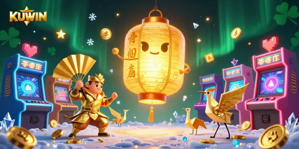 Kuwin offers thrilling gaming, illustrated with vibrant casino elements and lucky symbols for online players.